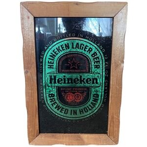 Vtg Imported Heineken Beer Wood Framed Glass Mirror Sign 18x12 Bar Mancave 70s